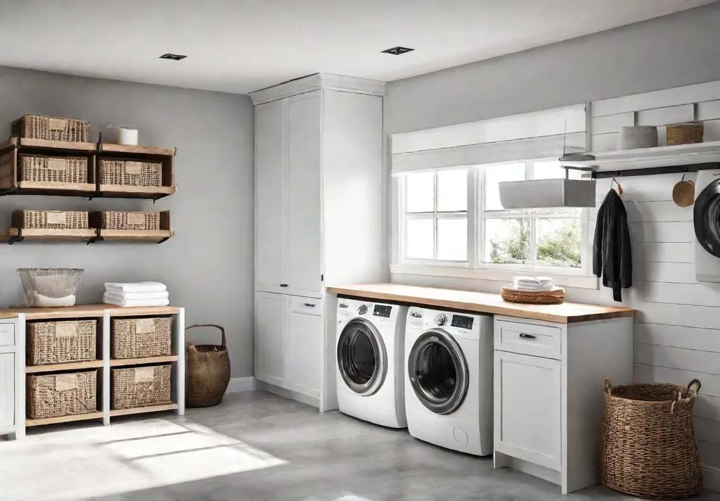 A bright and airy laundry room with white cabinets a wooden countertopfeat