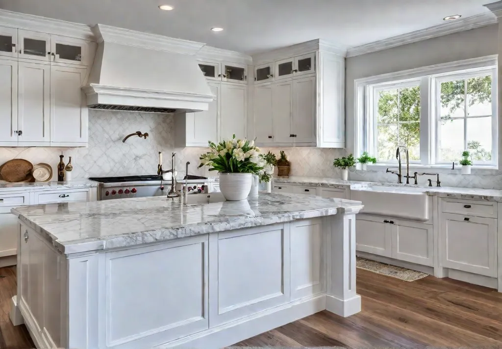 A bright and airy traditional kitchen featuring white shaker cabinets a farmhousefeat