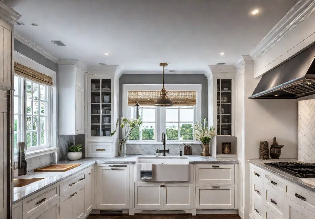 A charming traditional kitchen with white shaker cabinets featuring pullout shelves thatfeat