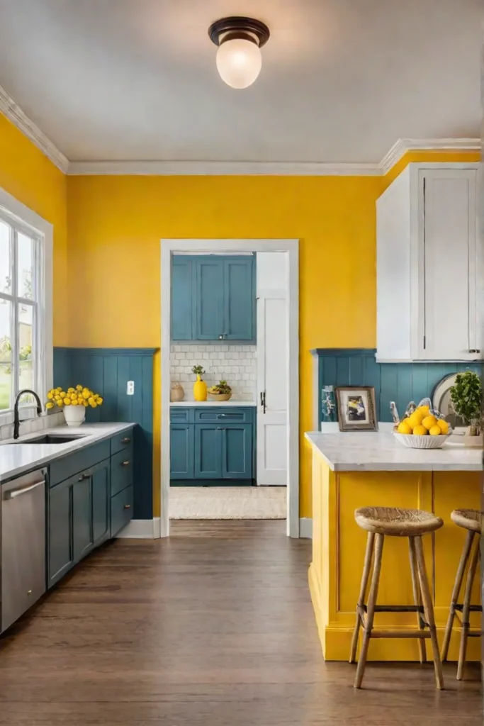 A cheerful traditional kitchen with yellow walls and white cabinets