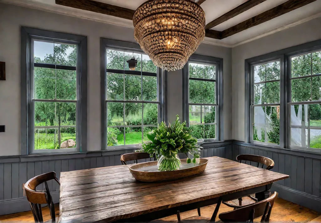 A farmhouse dining room with a large reclaimed wood table as thefeat