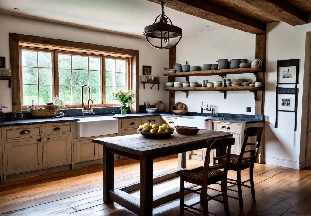 A farmhouse kitchen bathed in warm natural light The room features exposedfeat