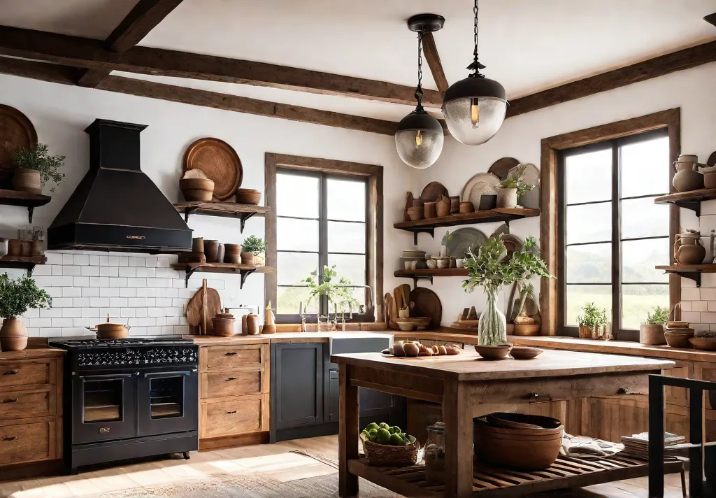 A farmhouse kitchen bathed in warm sunlight featuring a vintageinspired range withfeat