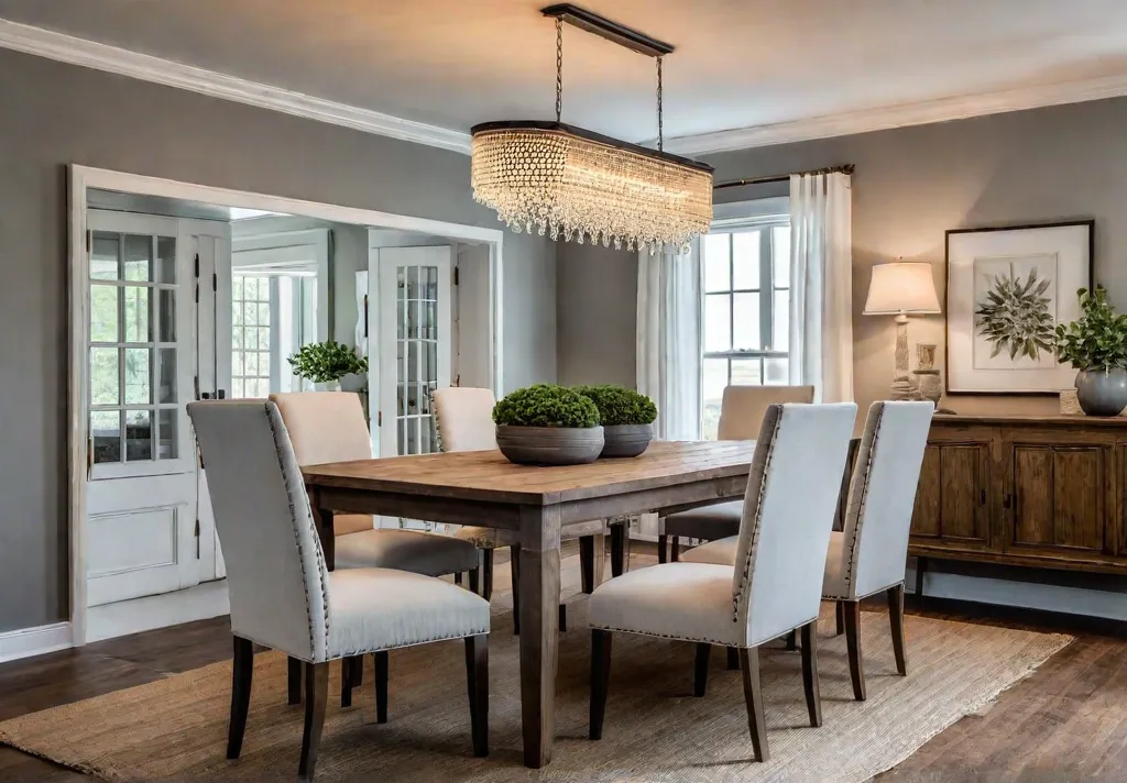 A farmhouse style dining room with a large wooden table and mismatchedfeat