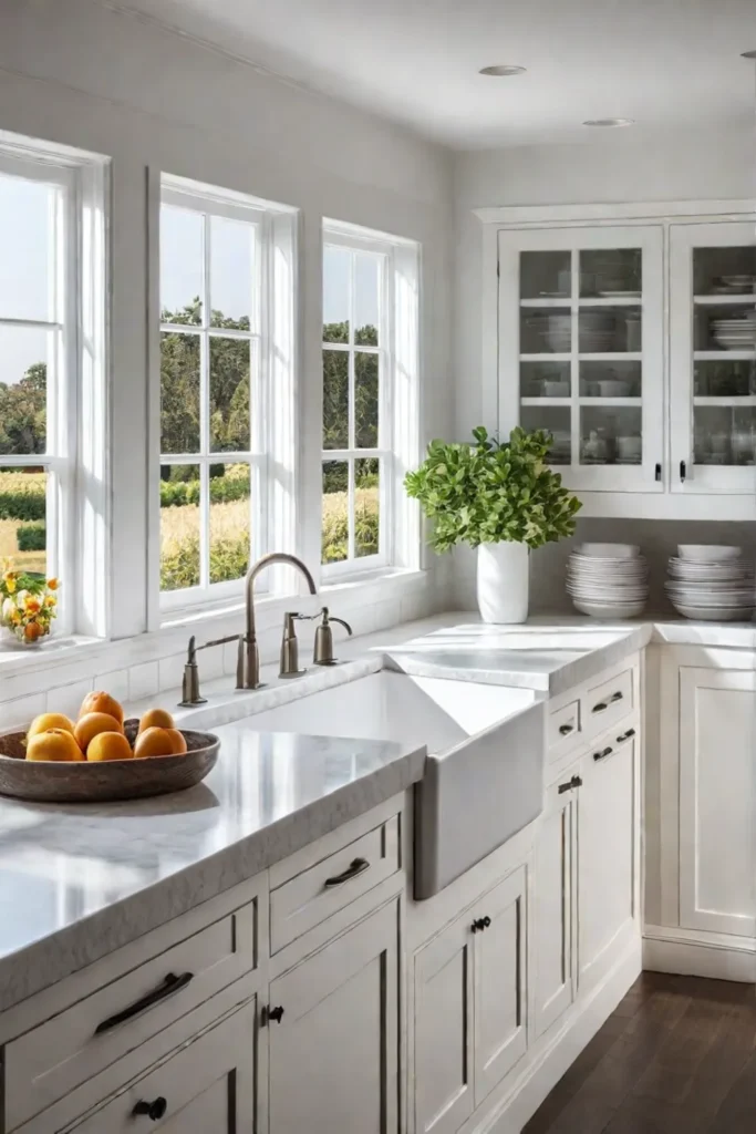 A lightfilled traditional kitchen with white cabinets and quartz countertops
