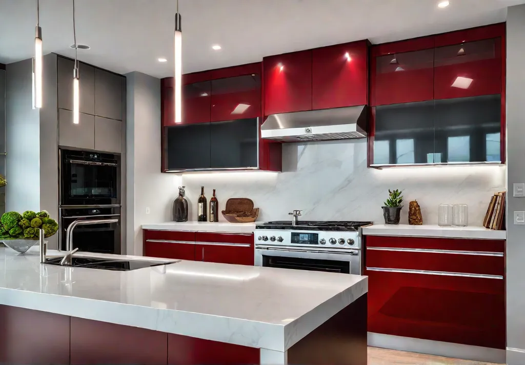 A modern kitchen with sleek handleless thermofoil cabinets in a bold glossyfeat