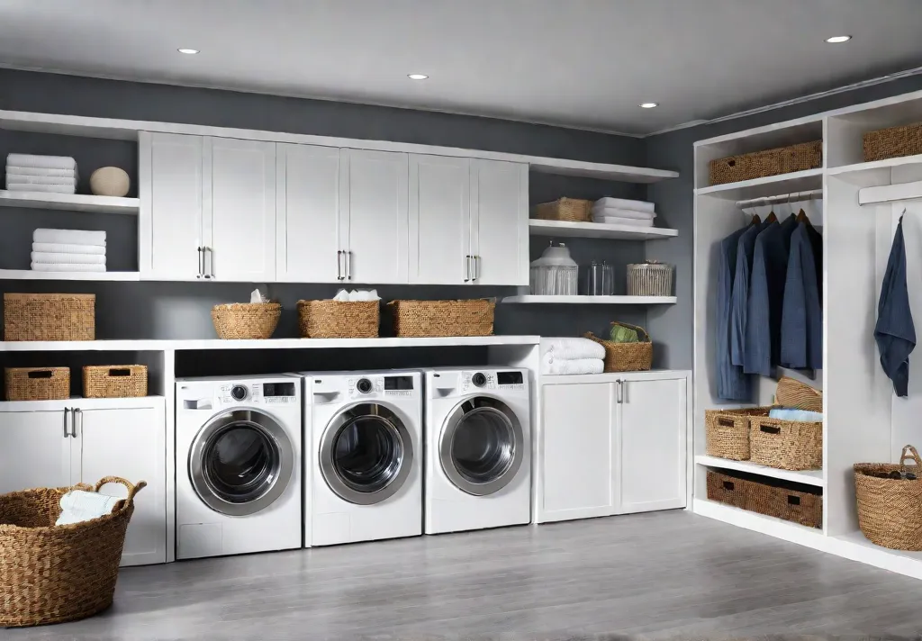 A modern laundry room with sleek white cabinets mounted high on thefeat
