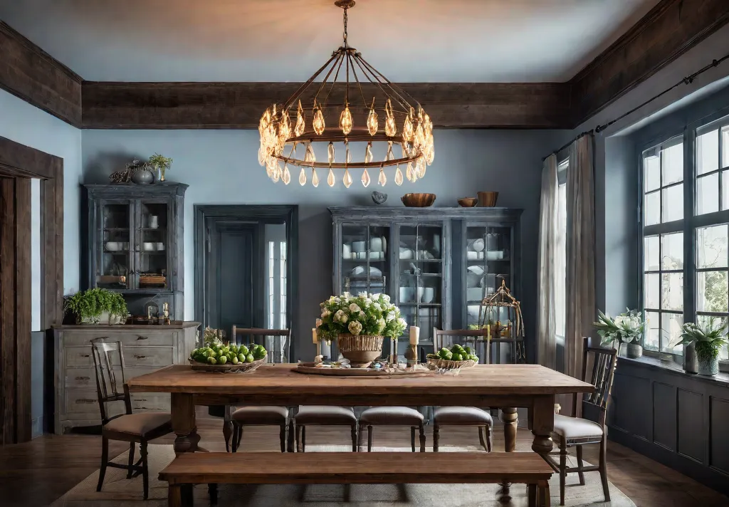 A rustic farmhouse dining room bathed in warm sunlight with a largefeat