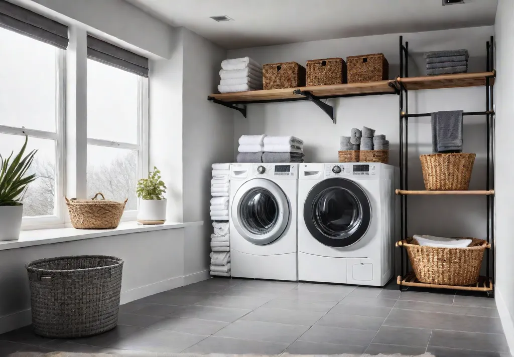 A small brightly lit laundry room with white walls and gray floorfeat