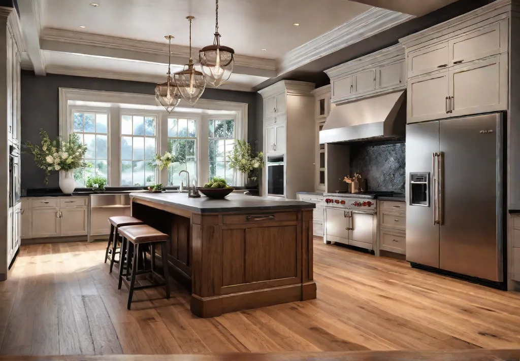 A spacious sunlit traditional kitchen featuring oak cabinets hardwood floors and afeat
