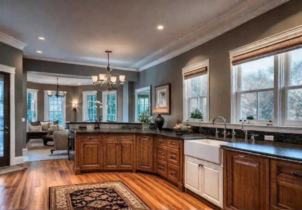 A spacious traditional kitchen bathed in natural light featuring raisedpanel cabinetry infeat