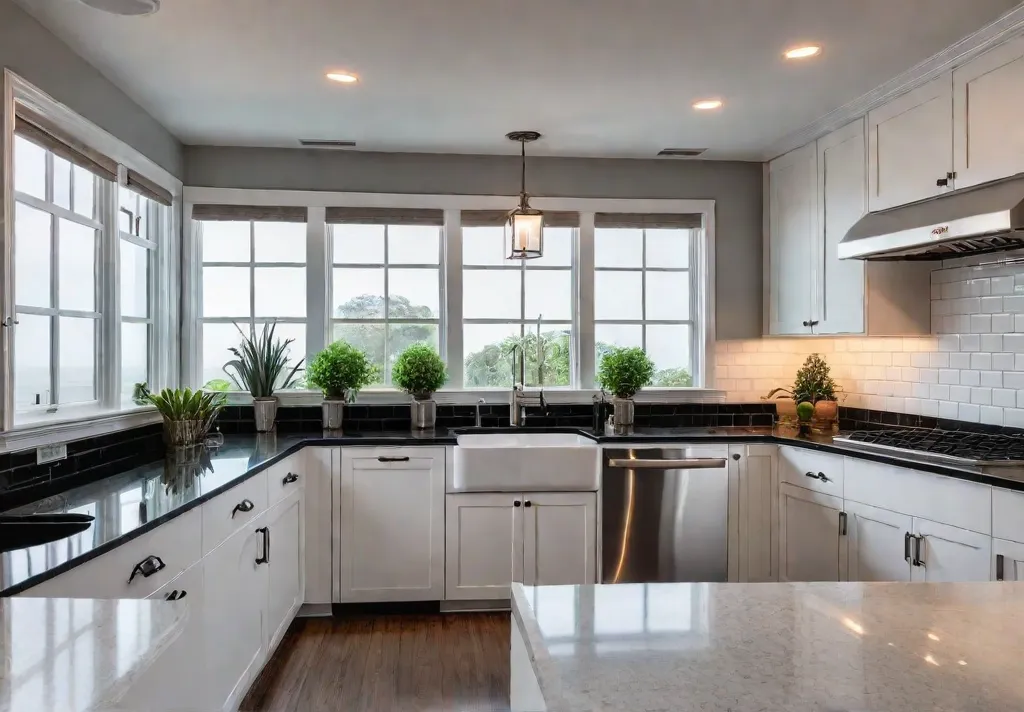 A sunlit spacious traditional kitchen with white shaker cabinets black granite countertopsfeat