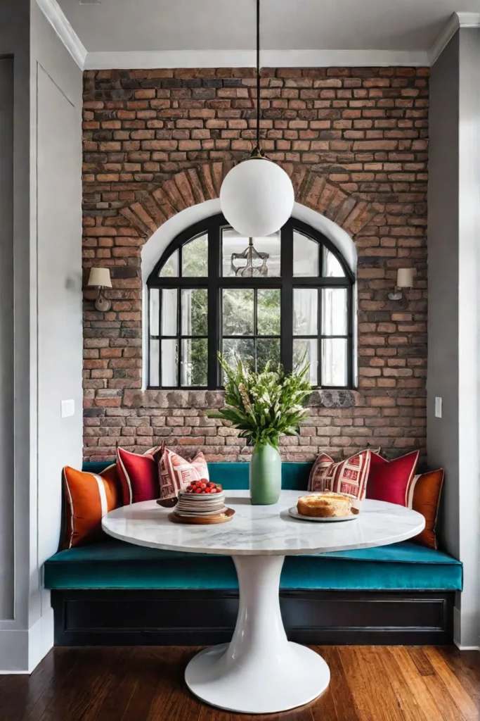 A traditional kitchen with a brick accent wall and a breakfast nook