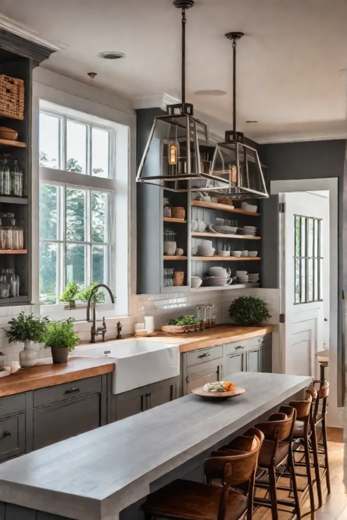 A traditional kitchen with a butcher block island and a breakfast nook