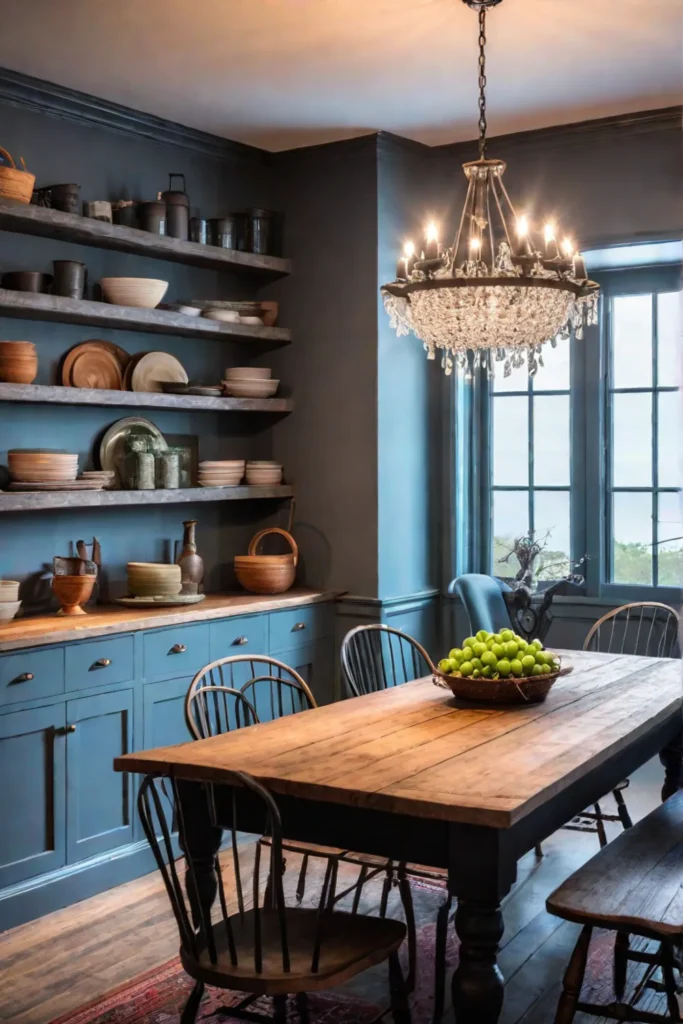 A traditional kitchen with a farmhouse table and mismatched chairs