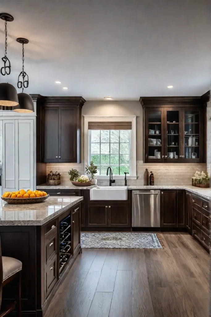 A traditional kitchen with dark wood cabinetry and a granite countertop