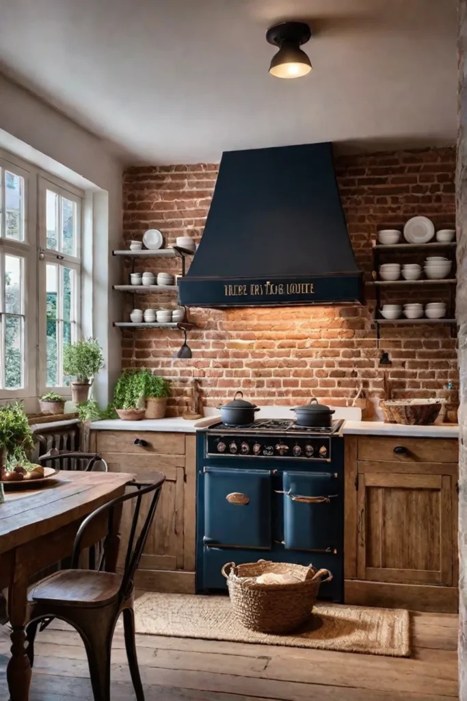A traditional kitchen with exposed brick and a beamed ceiling