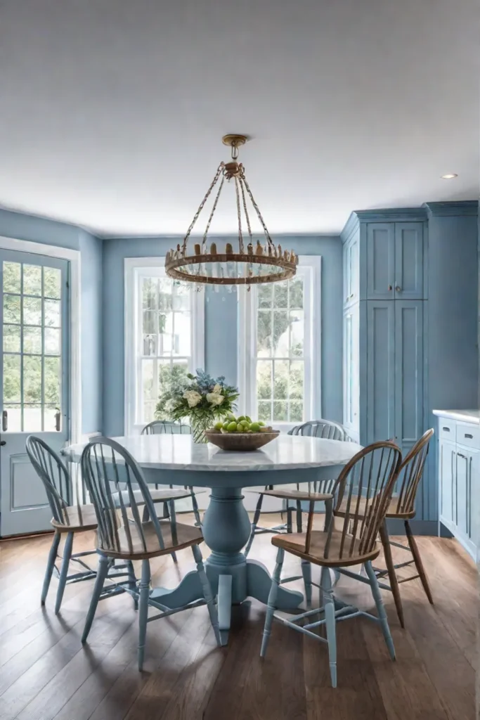 A traditional kitchen with white marble countertops and light blue cabinets