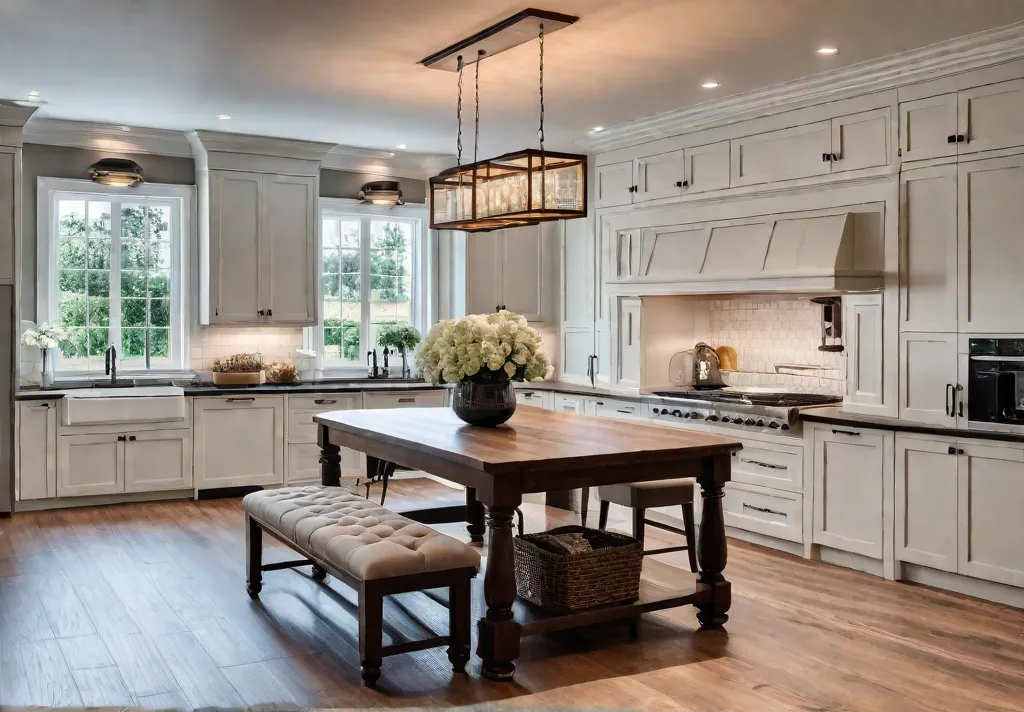 A warm and inviting traditional kitchen with a large central island forfeat