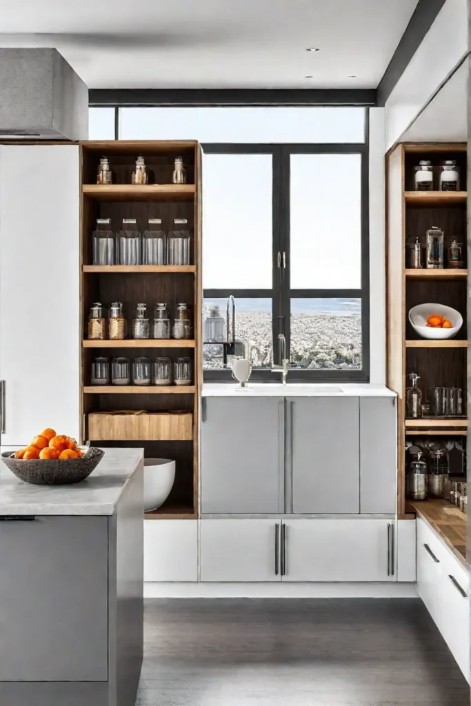Accessible kitchen storage with open shelving and pulldown shelves