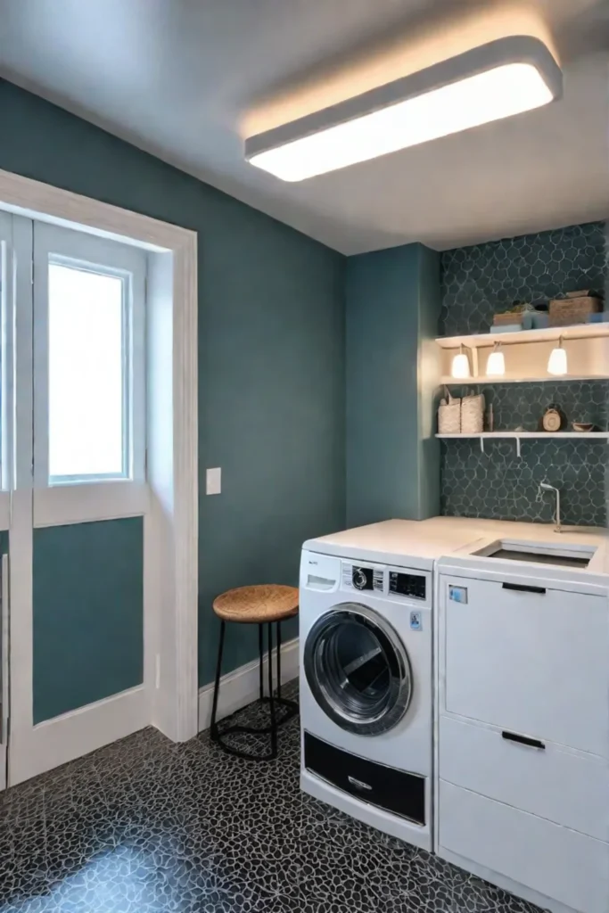 Adjustable countertop and step stool in a laundry room for accessibility