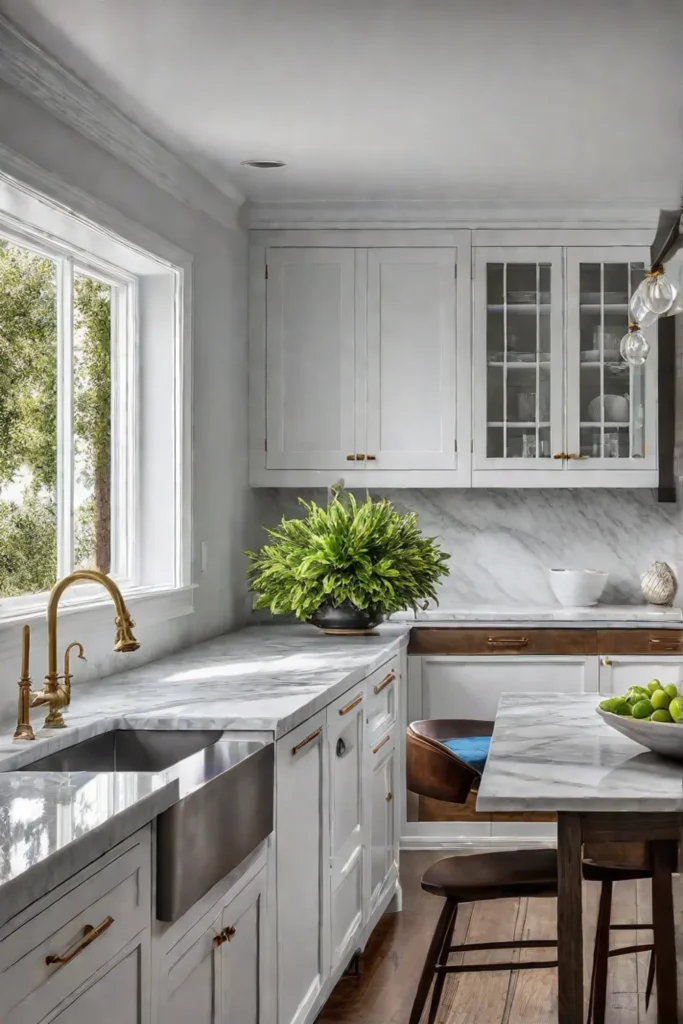 An elegant traditional kitchen with white marble and a breakfast nook