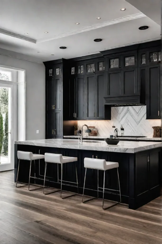 Black cabinets and white marble in a dramatic kitchen design