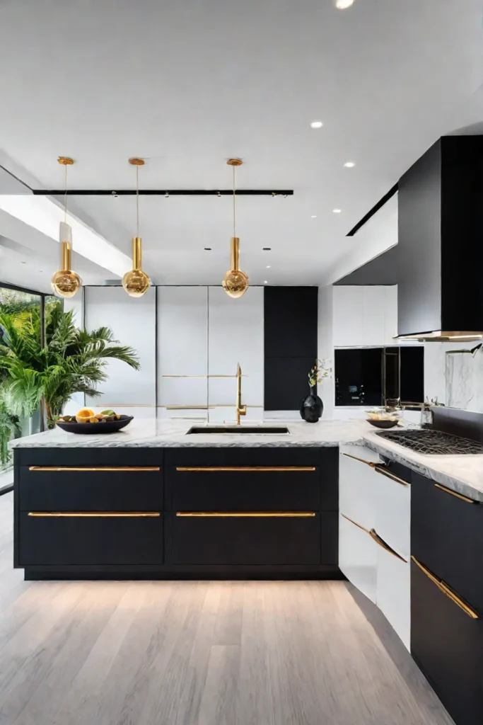 Black cabinets and white marble in a traditional kitchen