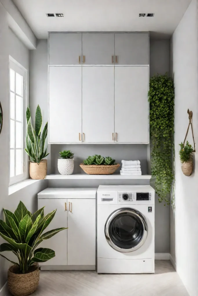 Bright laundry space with natural light and decorative plants
