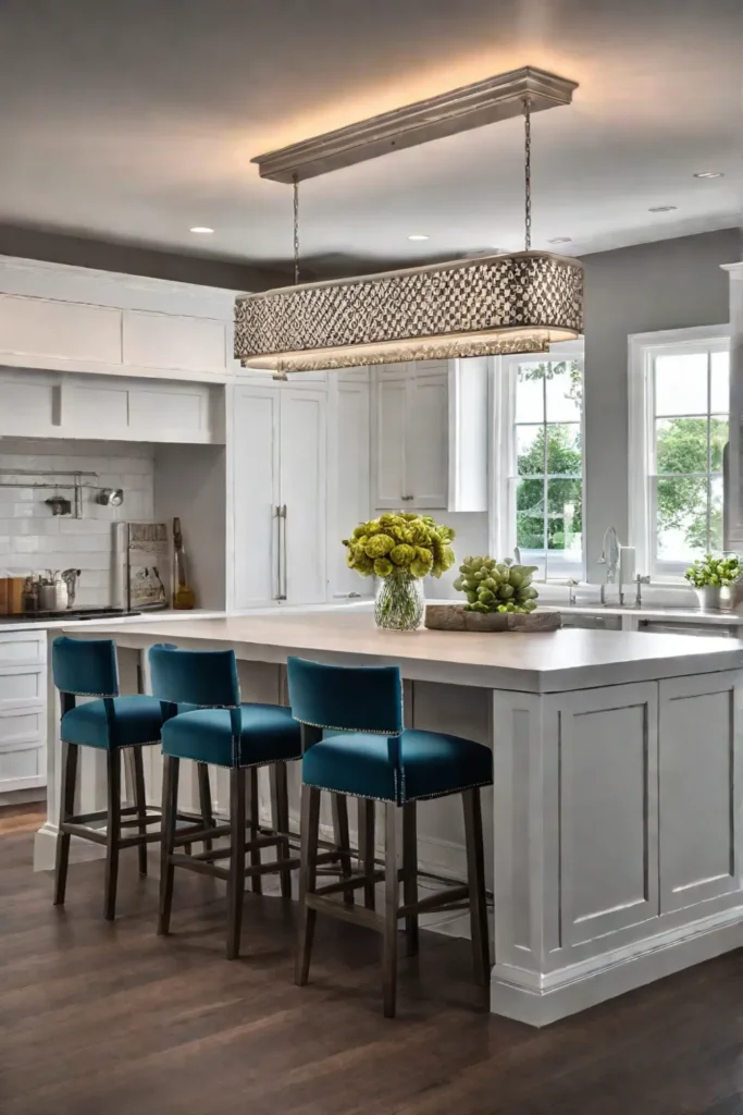 Brushed nickel light fixture above a kitchen island