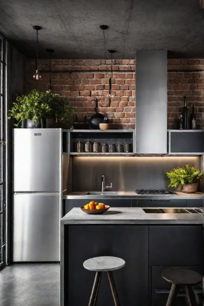 Brushed stainless steel cabinets reflecting light in an urban kitchen