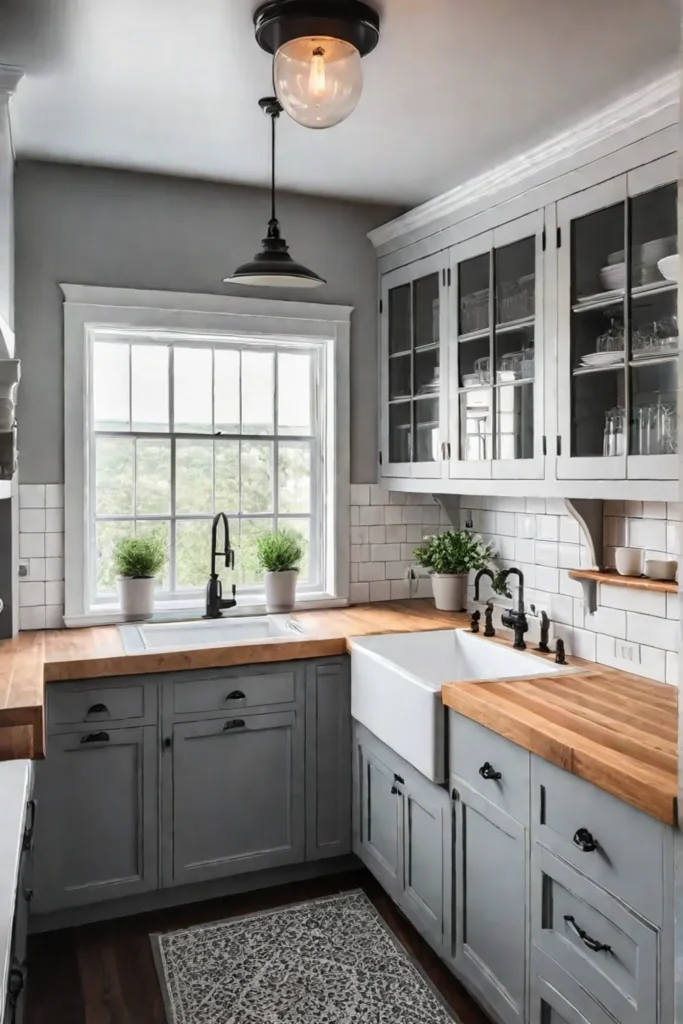 Charming farmhouse kitchen with butcher block and black hardware