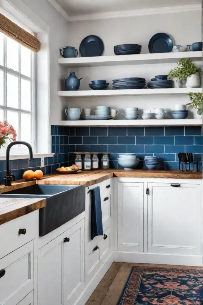 Charming traditional kitchen with blue cabinets and butcher block countertops