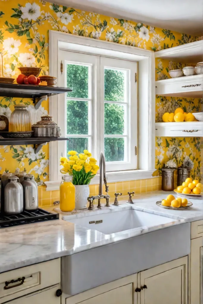 Charming traditional kitchen with yellow cabinets and floral wallpaper