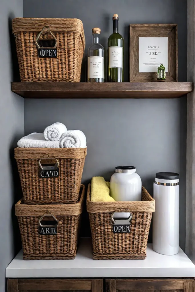 Charming laundry room with decorative baskets and petfriendly organization