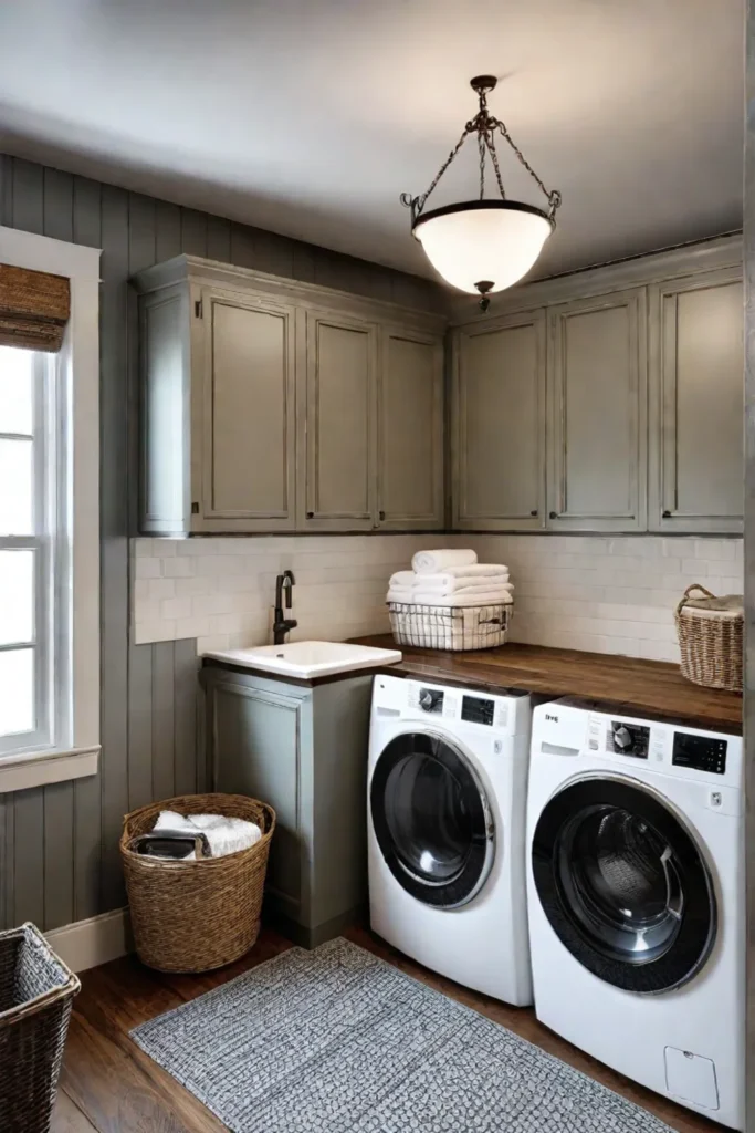 Charming laundry room with vintageinspired lighting and wire baskets