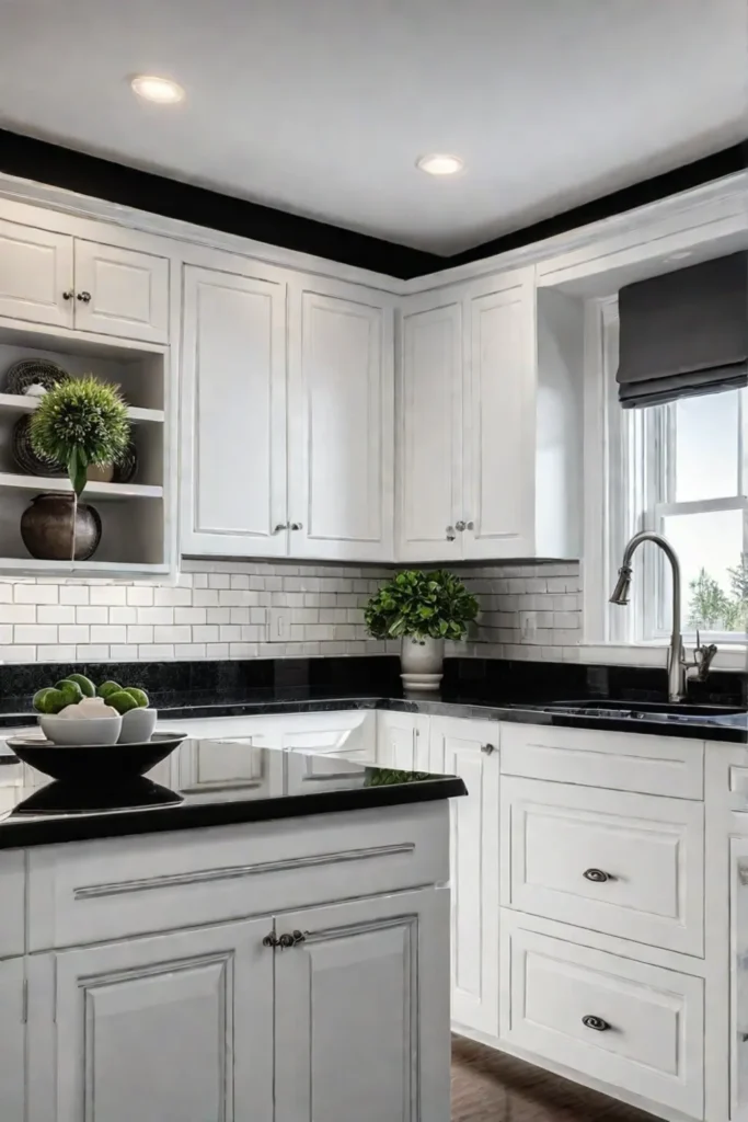 Classic traditional kitchen with white cabinets and black countertops