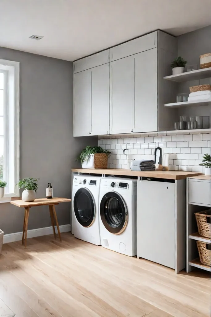 Clean and uncluttered laundry room design with spacesaving elements