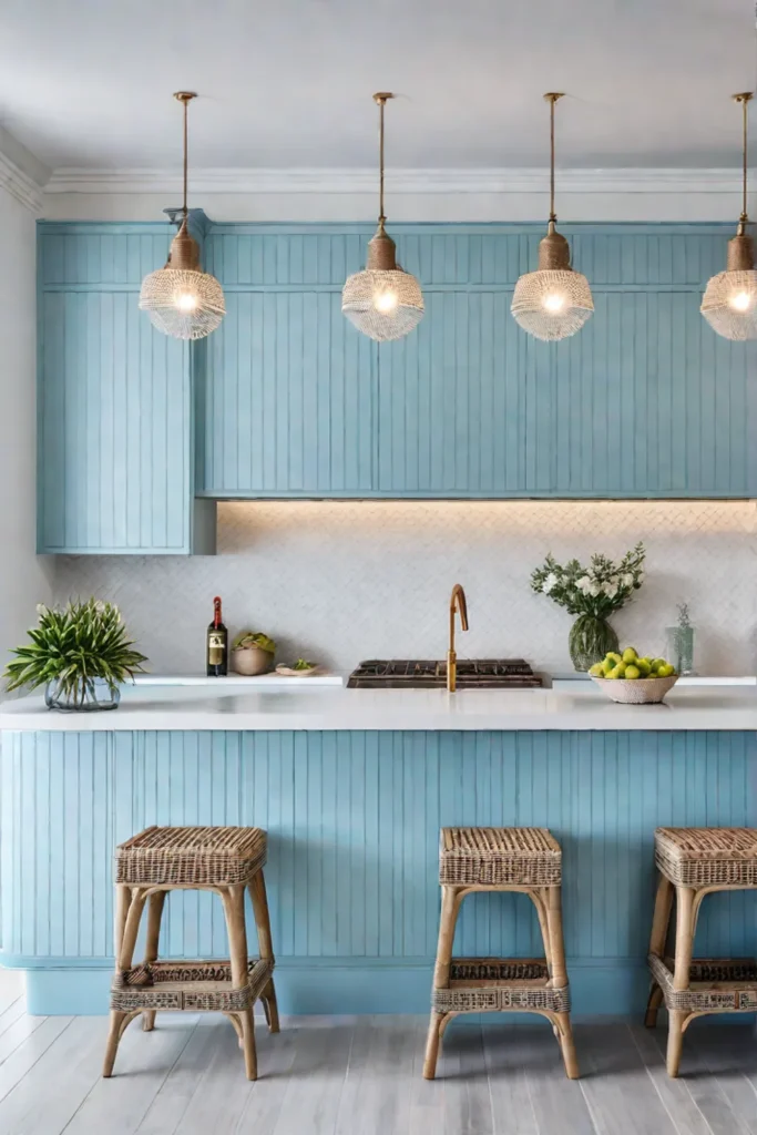 Coastal kitchen with light blue laminate cabinets and shiplap walls