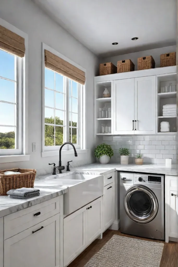Cohesive laundry space with farmhouse sink and wicker baskets