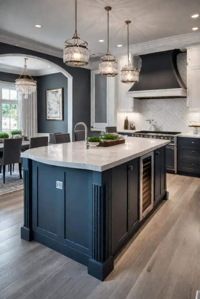 Colonial Revival kitchen with modern appliances and waterfall countertop