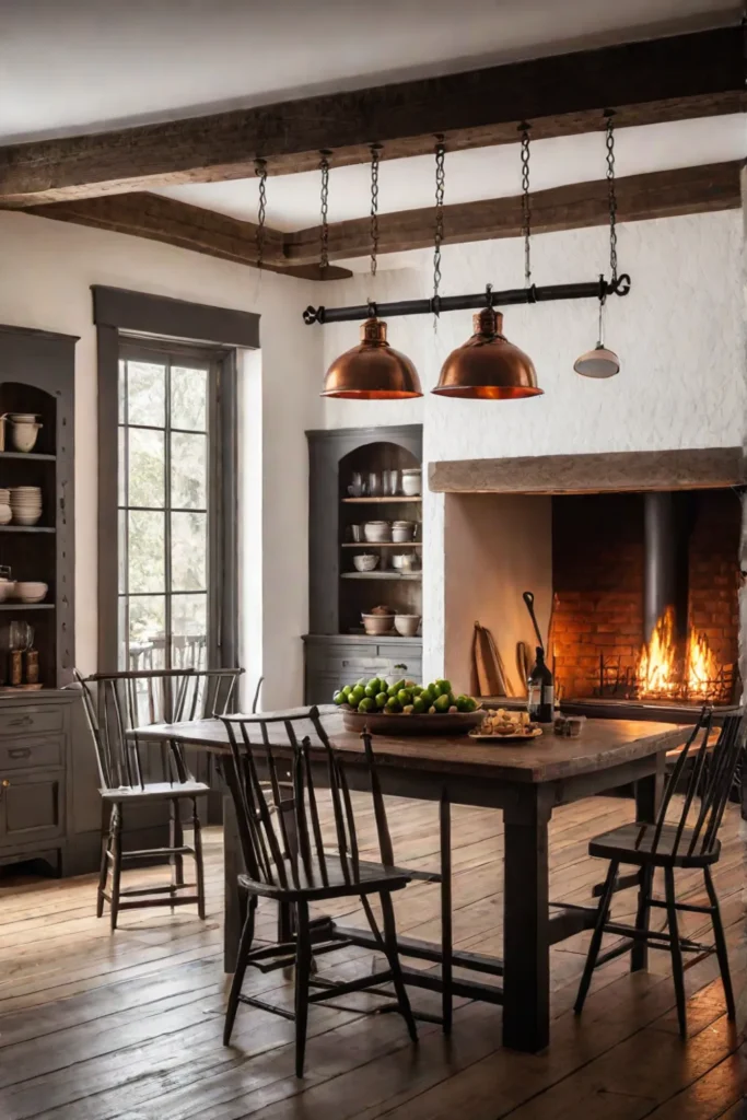 Colonial kitchen with a hearth and exposed beams