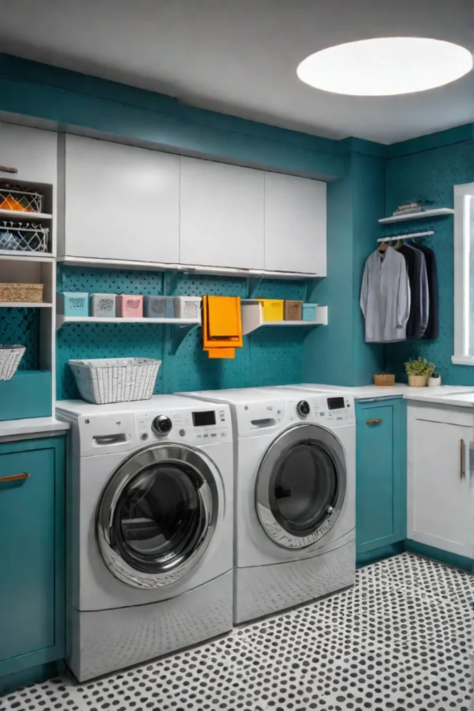 Colorful laundry room with organized storage solutions