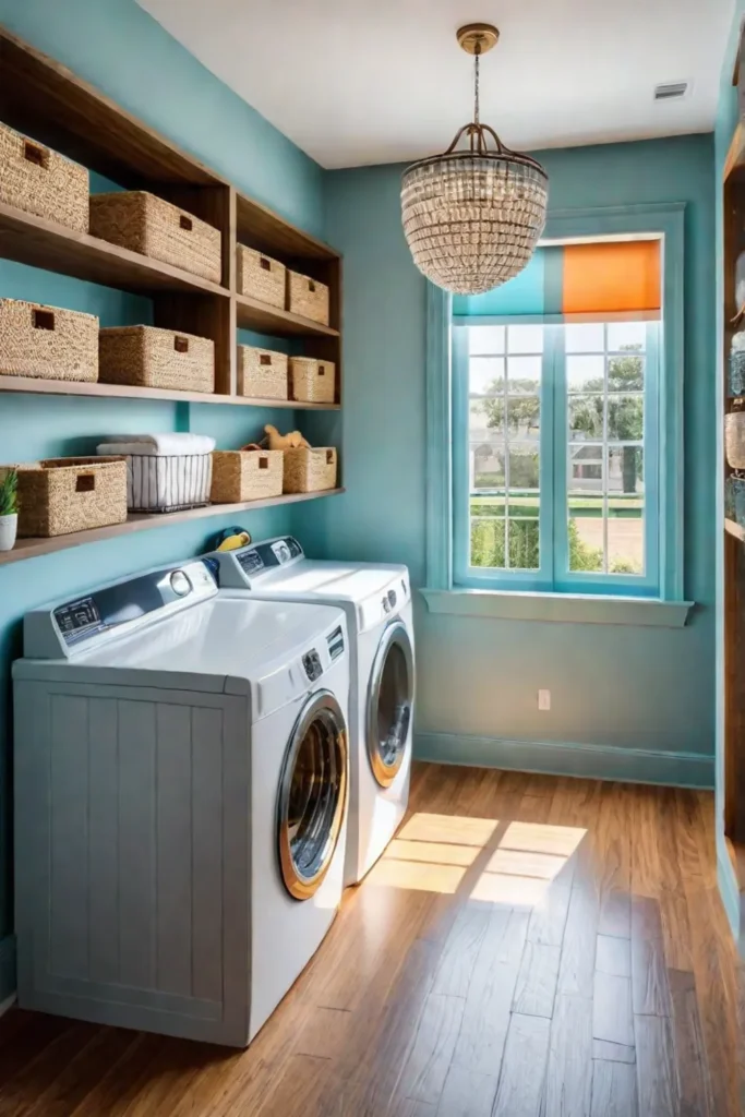 Colorful laundry room with playful storage solutions