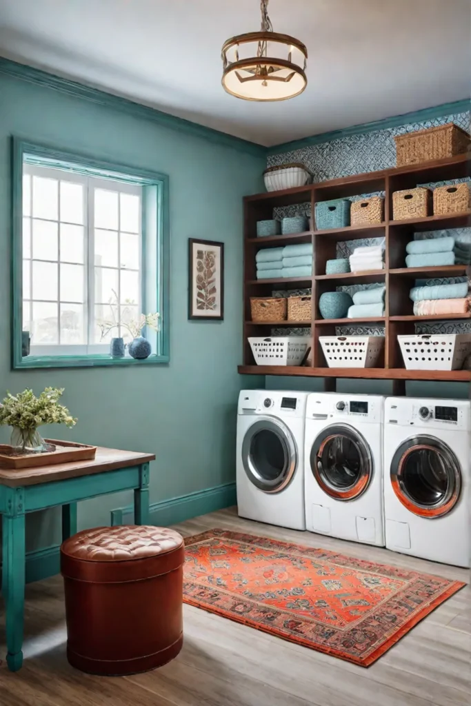 Colorful laundry room with playful vibe and patterned wallpaper