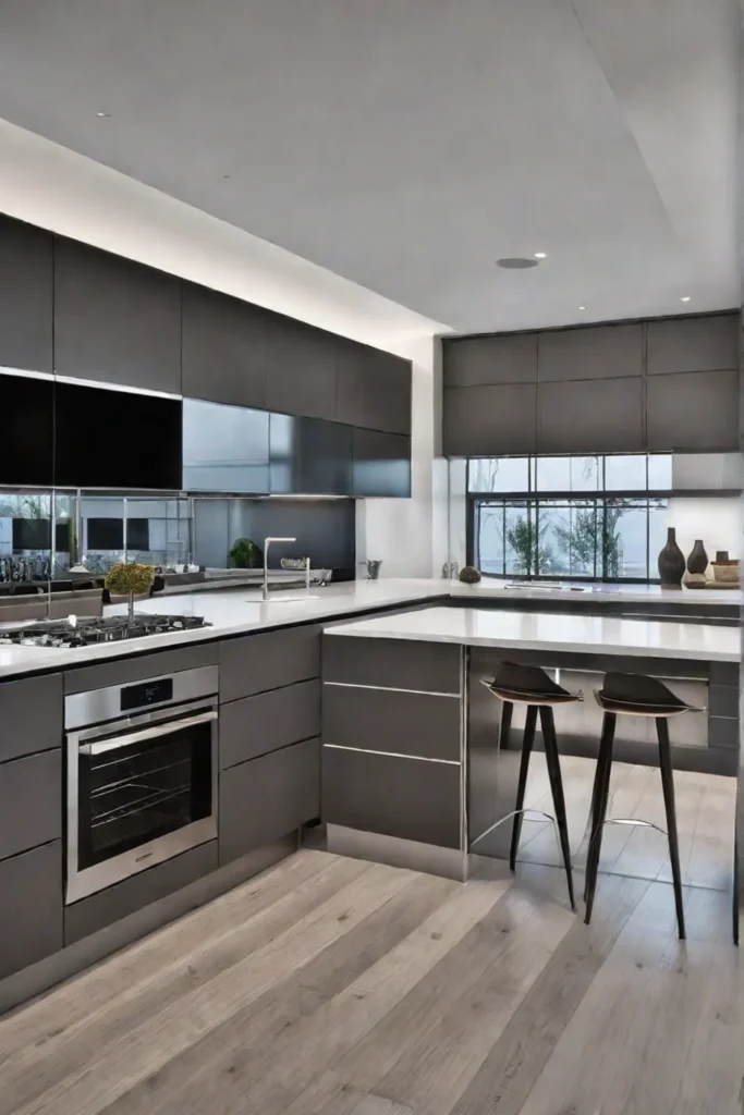 Contemporary kitchen with wood veneer and white laminate cabinets