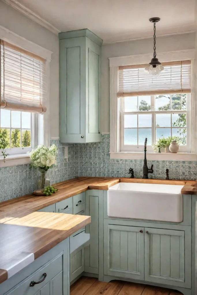 Cottage kitchen with beadboard cabinets and floral tile