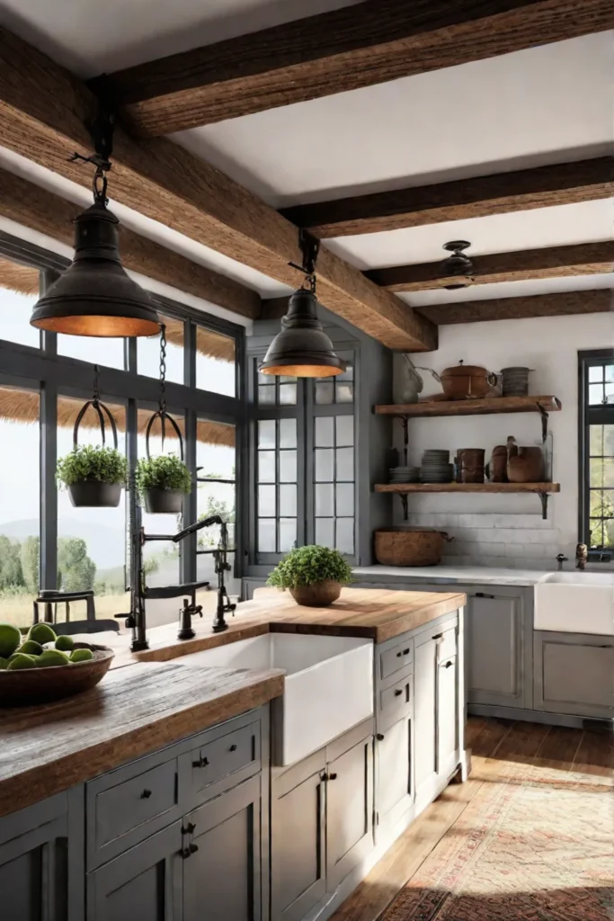 Countrystyle kitchen with rustic pot rack