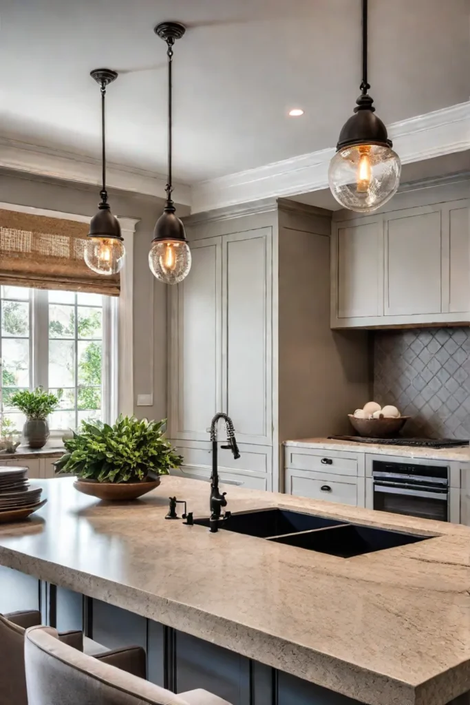 Cozy cream kitchen with honed granite and tumbled travertine