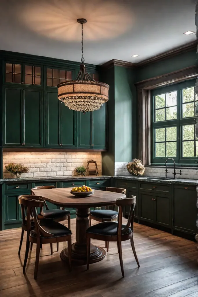 Cozy traditional kitchen with dark green cabinets and a fireplace